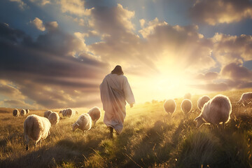 Wall Mural - Back view of Jesus Christ, good shepherd and flock of sheep