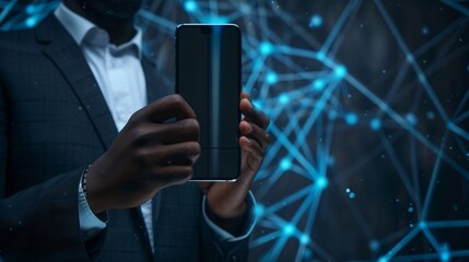 Mock-up of a businessman holding a modern smartphone in an African American or Asian hand. Default app screen.