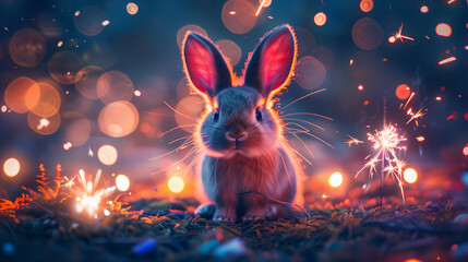 Wall Mural - 
A rabbit is sitting in a field of flowers. The rabbit is small and cute, and the flowers are bright and colorful. The scene is peaceful and serene, with the rabbit looking up at the camera
