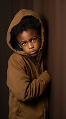 Wall Mural - Brown background sad black American African child Portrait of young beautiful kid Isolated Background racism skin color depression anxiety fear burn out health issue problem mental 