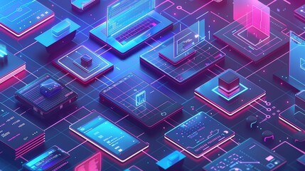 Creating software and coding internet pages for laptops, tablets, phones. Isometric. Responsive web application development. Creating mobile web apps.