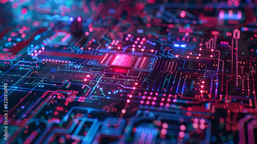 Optical cpu processing light signal. Quantum computer of glowing qubits. Laser beam transmitting digital signal in chip or processor. Abstract technology background.