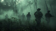 © Nata - Three soldiers are walking through a forest, with one of them carrying a backpack. Scene is tense and serious, as the soldiers are in a potentially dangerous situation