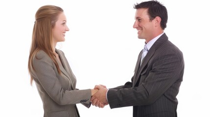 a businessperson shaking hands with a client over a successful deal, looking satisfied, on a clean white background.