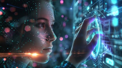 Wall Mural - A humanoid female robot worker or robotic cyborg works on a holographic interface using an artificial intelligence system. A robot lady pressing a button with a cybernetic hand and a beautiful face.