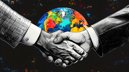 Two hands shaking with a beautiful globe in the background, symbolizing global cooperation, doing business that places importance on environmental conservation and taking care of the world