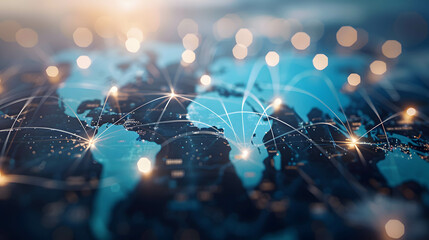 Global communication networks, connecting lines spreading across a world map, showcasing international network connections