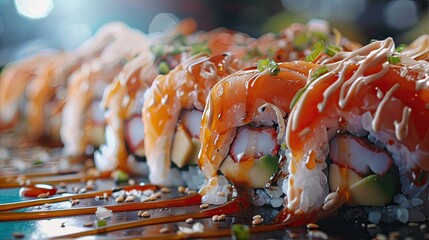 Wall Mural - close up of sushi and rolls. Selective focus