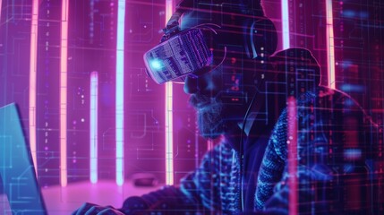Programmer programming program code on computer screen. Portrait of a man in a dark room with neon lights working over a laptop. Hacker wears headset, glasses, and watches code on computer screen.