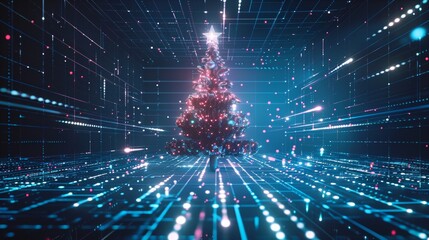 A digital banner of a Christmas event in the year 2024 with digits 2024 and a Christmas tree in an electronic technology style. A card of congratulations on the new year and merry Christmas in a