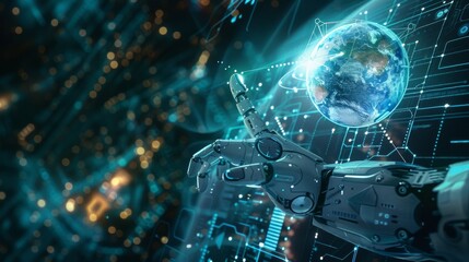 Poster - AI. A global communication technology concept. A robot arm interacts with a 3D Earth on the HUD. AI controls a global network. Robotic hands point in cyber space to point on Earth. IOT: artificial