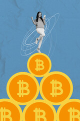 Poster - Vertical collage picture young happy woman stand top bitcoins golden coins money economy successful trader virtual currency