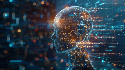 Concept of Artificial Intelligence software development. Robot head on engineer's desk Programming, learning Artificial Neural Networks. Futuristic computer interface for AI configurations.