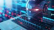© Антон Сальников - An artificial intelligence chatbot on a laptop screen. Computer cyber security technology. An AI chat bot look out of the laptop screen. An AI robot head protects the computer from hacker attacks and