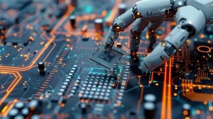 Poster - A robotic arm manipulates electronic components on an electronic circuit board in a factory assembly line. A robot hand holds a chip above the PCB.