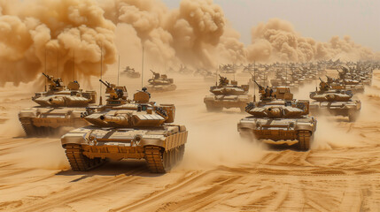 A painting of two tanks in a desert with one tank in the foreground and the other in the background