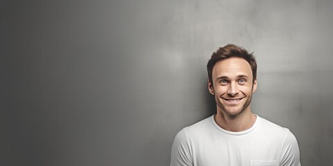 Wall Mural - Charcoal background Happy european white man realistic person portrait of young beautiful Smiling man good mood Isolated on Background Banner with copyspace