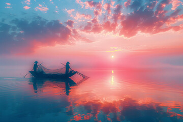 The silhouette of fishermen casting their nets is illuminated by the first light of dawn, painting the sky with soft hues of pink and orange. The calm waters mirror the serene scene