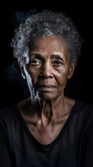 Wall Mural - Charcoal background sad black American independent powerful Woman. Portrait of older mid-aged person beautiful bad mood expression girl Isolated on Background racism skin color depression anxiety fear