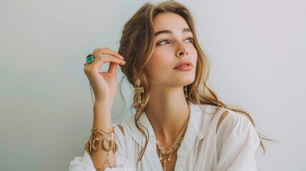 Wall Mural - an isolated woman looking at jewelry, appearing fascinated, on a plain backdrop.