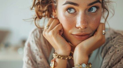 Wall Mural - an isolated woman looking at jewelry, appearing fascinated, on a plain backdrop.