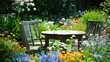 © Viktoriia Kan - Wooden table set for an outdoor wedding, surrounded by wildflowers and greenery. The setting is flooded with natural sunlight and decorated in soft pastel colours.
