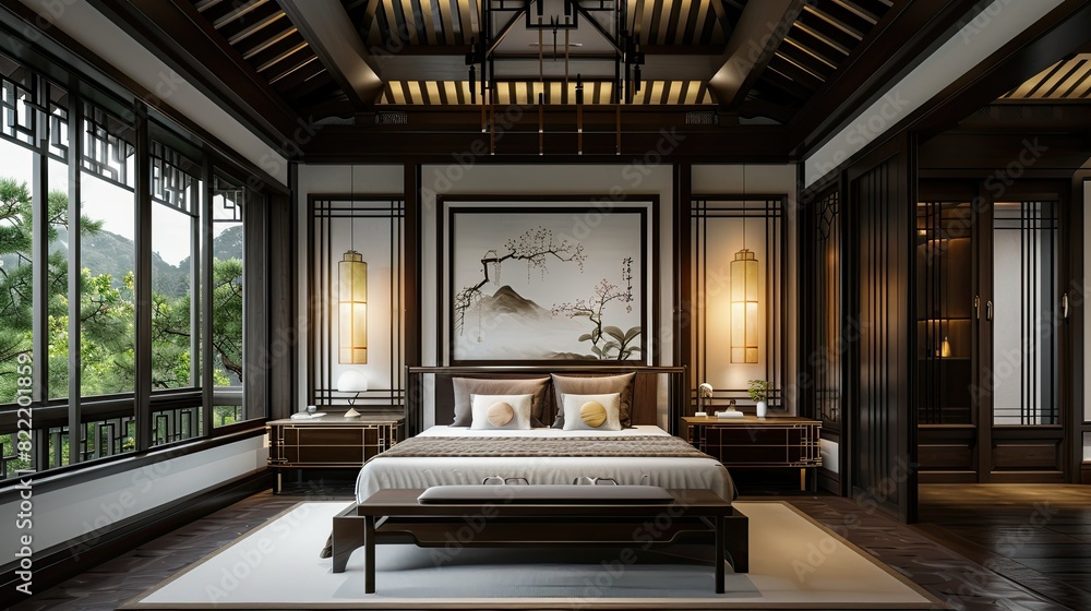 New Chinese style bedroom with large floor to ceiling windows and wood ...