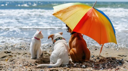 a dog and a white cat enjoy a sunny day under a vibrant umbrella, with the beach providing a scenic backdrop.