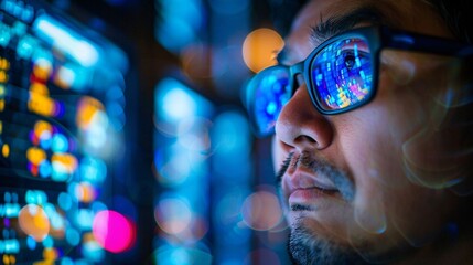 Software developer immersed in blue light from screens coding in languages that drive digital innovation