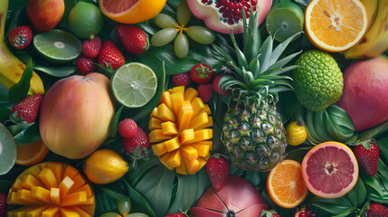 Background with the concept of various kinds of tropical fruit. Many different delicious exotic fruits as background.