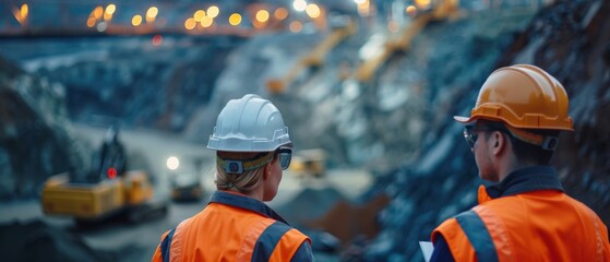 Two engineers oversee the work of mining equipment at a mine.