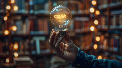 Wall Mural - Innovative Researcher Inspiring with Light Bulb in Library: Conceptualizing New Ideas through Discovery and Development in the World of Research