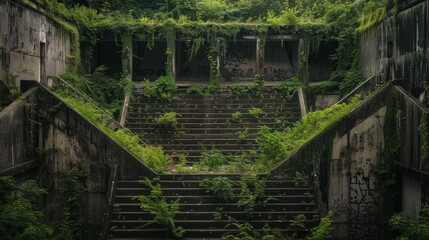 Overgrown ivy wall with steps