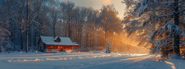 Wall Mural - A serene winter landscape with snow-covered trees, a cozy cabin, and gentle snowfall. Peaceful and magical.