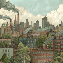 Wall Mural - A skyline filled with smokestacks, and a skyline with green buildings.