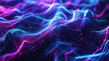 Wall Mural - A colorful, abstract image of a wave with purple, blue, and red lines. The image has a futuristic, otherworldly feel to it