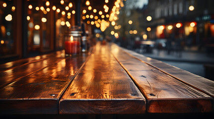 Empty wooden table with blurred bokeh lights in the background. Rustic cafe interior with defocused lights. Design for header, banner, poster, wallpaper, and invitation. Close-up shot with copy space
