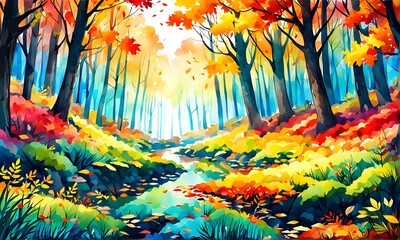 watercolor illustration of autumn forest with colorful leaves. generative ai