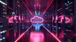 © sania - 3d render of cloud computing concept with glowing digital icon in data center server room interior background, wide angle lens