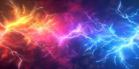 Wall Mural - Colorful lightning background,  red yellow blue purple lightning effects, colorful thunderstorm, Rainbow lightning effect. electric texture, banner