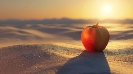 Wall Mural - Red apple on a beach during sunrise for a healthy lifestyle or food themed design