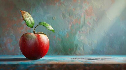 Wall Mural - Red apple with green leaves on a wooden table for food or health themed designs