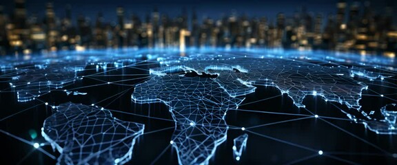 digital world map with live communication links, flat, high-tech control room background,