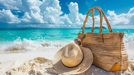 Straw hat, bag and sun glasses on a tropical beach 