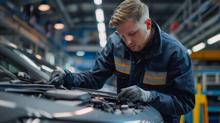 Wall Mural - Technician using advanced diagnostic tools to service an EV car's battery system