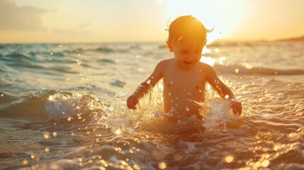 Wall Mural - A young child is playing in the ocean, splashing water and laughing