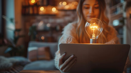 Wall Mural - Photo realistic of a woman with light bulb and laptop, symbolizing the integration of new ideas into her work in Photo Stock Concept