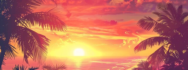 Wall Mural - A vibrant, tropical sunset background with palm trees and warm colors.