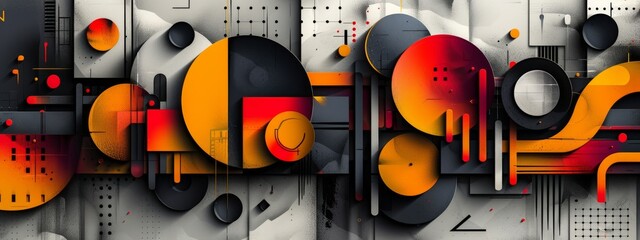 A visually striking abstract composition with geometric shapes, bold colors, and dynamic patterns.