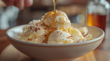 Poster - sweet and savory dessert, pouring warm honey sauce over cold cottage cheese ice cream creates a delicious sweet and savory mix that will satisfy any dessert craving